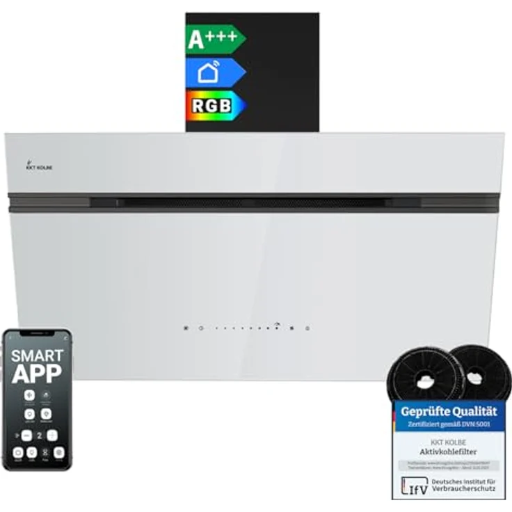 KKT KOLBE AURORA9005SW, Dunstabzugshaube 90 cm, A+++ Effizienz, 782 cbm/h, Umluft/Abluft, Schwarz Weiß Glas, Nachlaufautomatik, Smart WiFi App, SensorTouch, RGBW LED-Beleuchtung – Bild 1