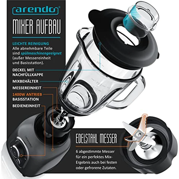 Arendo Standmixer Glas und Smoothie Mixer - Hochleistungsmixer 24.000 U min - 1,75 lL Glasbehälter - 6-flügeliges kugelgelagertes Edelstahlmesser - 30 Leistungsstufen - Impulsfunktion - Edelstahl – Bild 3