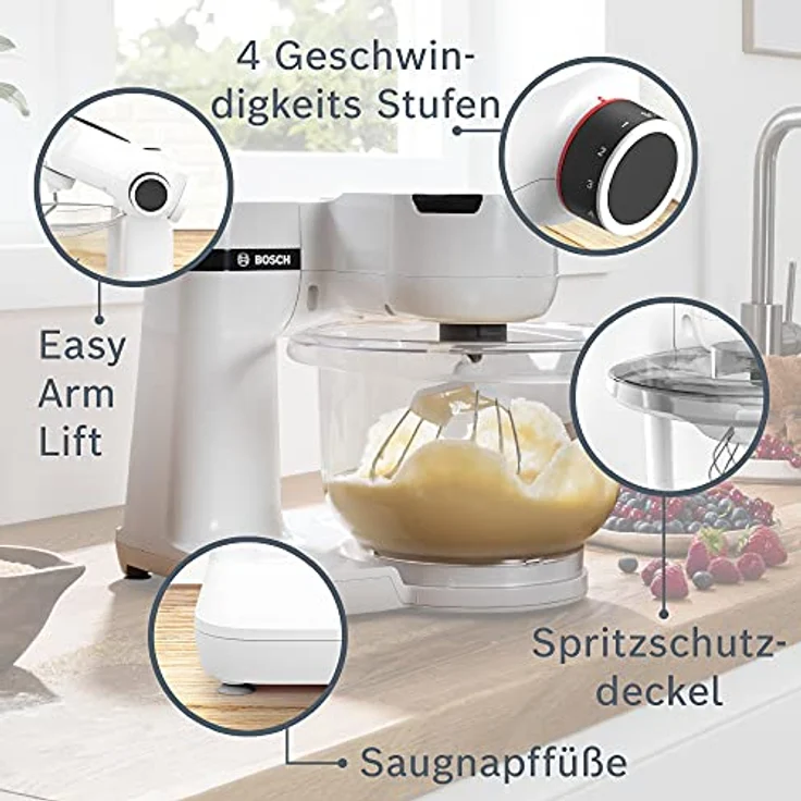 Bosch Hausgeräte Küchenmaschine MUM Serie 2 MUMS2TW00, Tritan-Schüssel 3,8 L, Planetenrührwerk, Knethaken, Schlagbesen, Rührbesen Edelstahl, Multifunktions-Küchenmaschine, Rühr-Maschine, 700 W, weiß – Bild 3