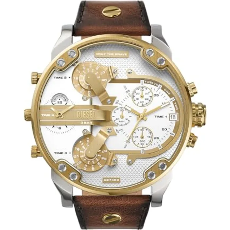 Diesel Watch DZ7483, Chronograph mit silbernem Zifferblatt und braunem Lederarmband