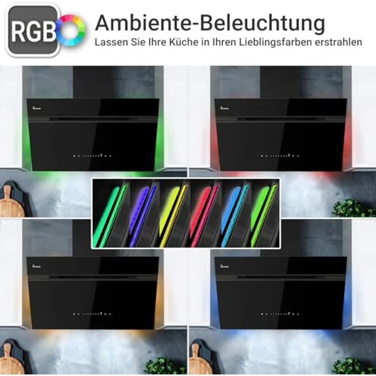 KKT KOLBE AURORA8005FB Dunstabzugshaube 80 cm, A+++ Energieeffizienz, 782 cbm/h, Umluft/Abluft, Schwarz Glas, Smart WiFi, SensorTouch, RGBW LED-Beleuchtung, Nachlaufautomatik – Bild 2