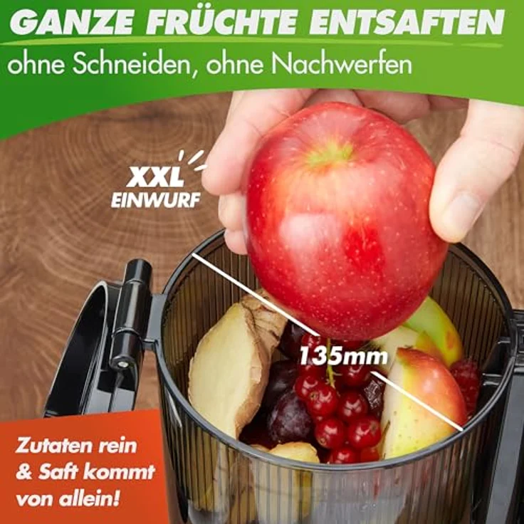 Nutrilovers NUTRI-PRESS MAX Slow Juicer, Entsafter für ganze Früchte mit XXL 135 mm Öffnung, BPA-frei, inkl. Saft-Flasche und Rezeptbuch, leise mit 200 Watt – Bild 3