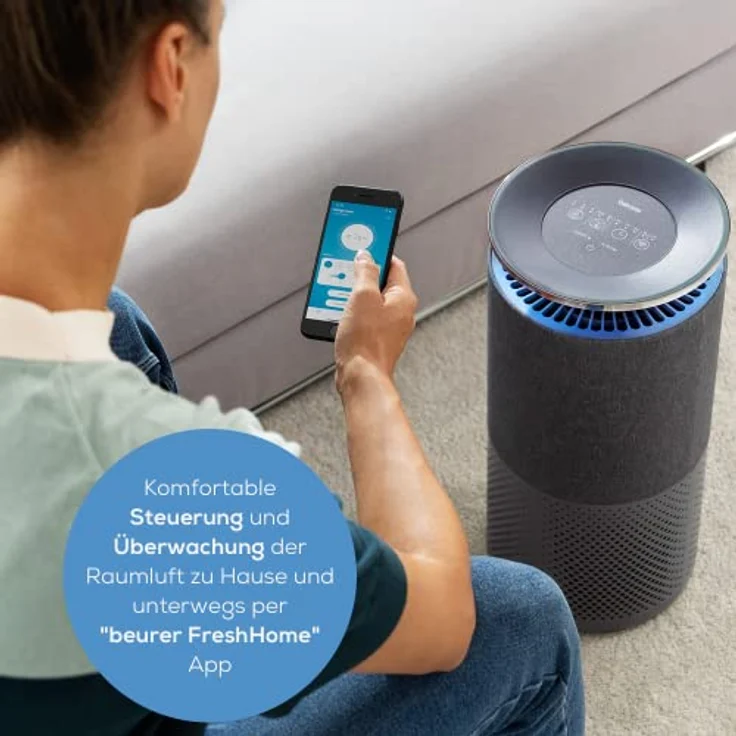 Beurer LR 401 Luftreiniger, Steuerung und Überwachung der Raumluft per App, dreischichtiges Filtersystem und zuschaltbares ultraviolettes Licht, für Räume bis 69m², mit Stoffbezug – Bild 2