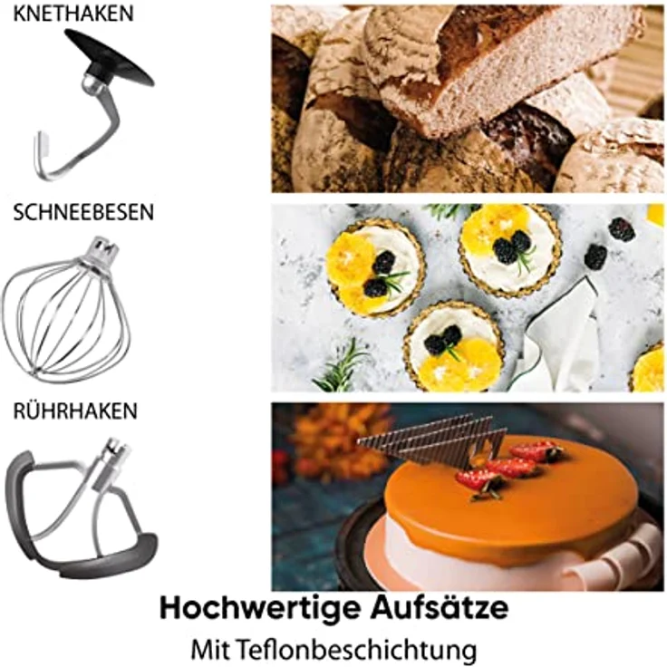 HEINRICHS Küchenmaschine Knetmaschine Teigmaschine 1300W.Küchengerät Rührbesen Knethaken Schneebesen Spritzschutz 10 einstellbare Geschwindigkeiten XL 6,2L Edelstahlschüssel geräuscharm (Rosa) – Bild 5