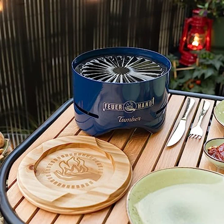 Feuerhand Tischgrill Tamber in Blau | Grillrost aus Emaille | Anti-Haft | raucharme Verbrennung | Ablaufrillen für Fett und Speiseflüssigkeiten | mit Tischgrill-Kohle – Bild 4