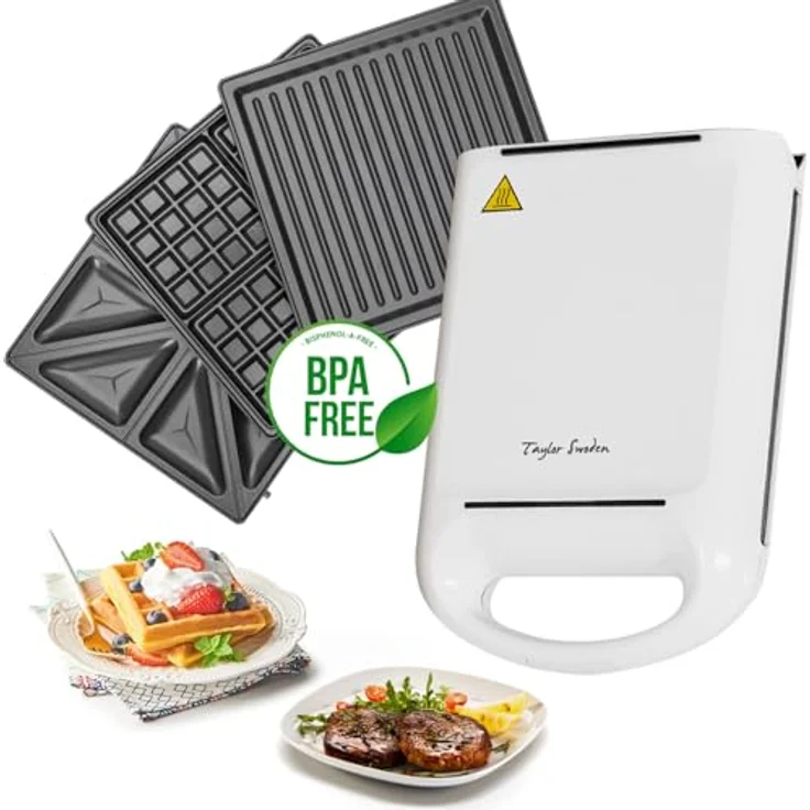 Taylor Swoden Manor Waffeleisen Sandwichtoaster 3-in-1, 1200 W, 4 Sandwiches, Antihaftbeschichtung, Weiß – Bild 1