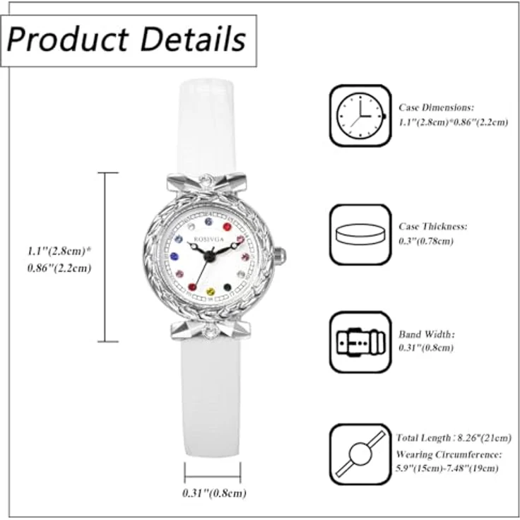 JewelryWe Damenuhr Kleine Leder Uhren, Exquisite Analog Quarz Armbanduhr in Weiß mit farbigen Diamantskala und ultradünnem Design – Bild 4