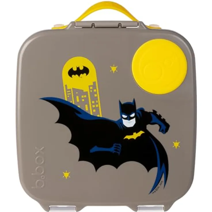 b.box Jumbo Bento Box, Brotdose für Kinder mit 4 Fächern (2 Auslaufsicher), herausnehmbarer Trennwand, Gel-Kühlakku, 2L, Batman Design