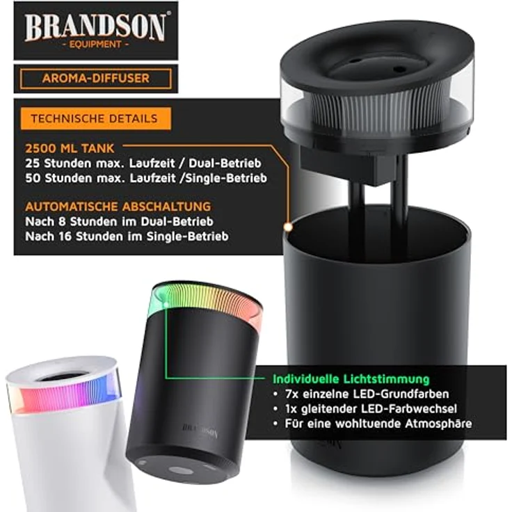 Arendo Luftbefeuchter 2,5 Liter leise - 7 LED Farben Stimmungslicht - 2 schaltbare Dampfausgänge - integriertes Aromaöl Fläschchen - 20m² Wohnzimmer Schlafzimmer Kinderzimmer - Schwarz – Bild 4