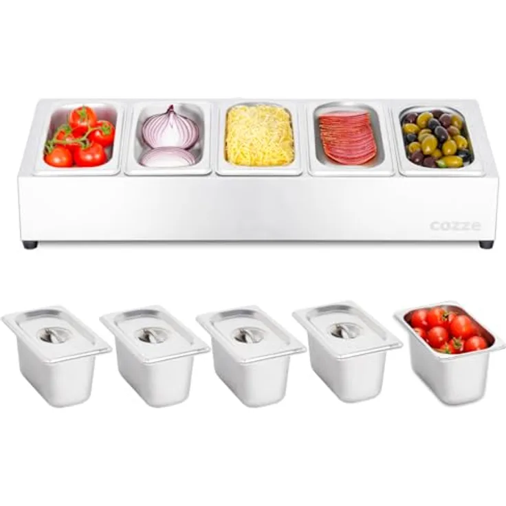 cozze® Pizza Toppingstation – Edelstahl Zutatenbehälter mit Deckel für Pizzabeläge – Professionelle Belegstation mit 5 Fächern – Ideal für Küche und Gastronomie