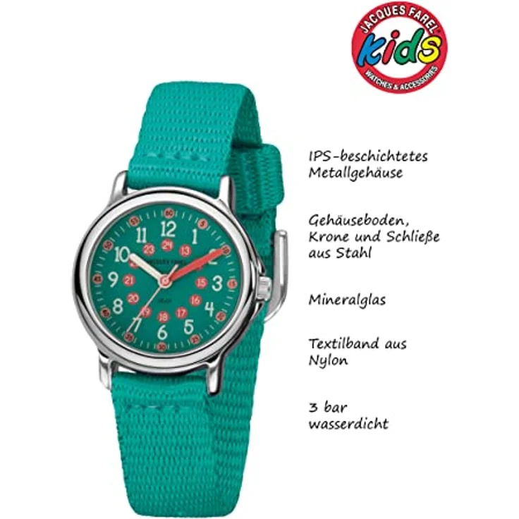 JACQUES FAREL Kinder-Armbanduhr Lernuhr Mädchen Türkis Analog Quarz mit extra weichem Textilband – Bild 3