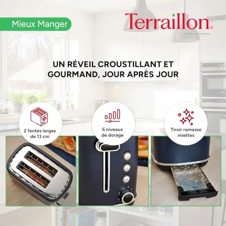 TERRAILLON New Moon Toaster, 2 Schlitze, 1050 W, 6 Leistungsstufen, Auftauen, Aufwärmen, blaue Lackierung aus Edelstahl, mit Krümelschublade – Bild 3