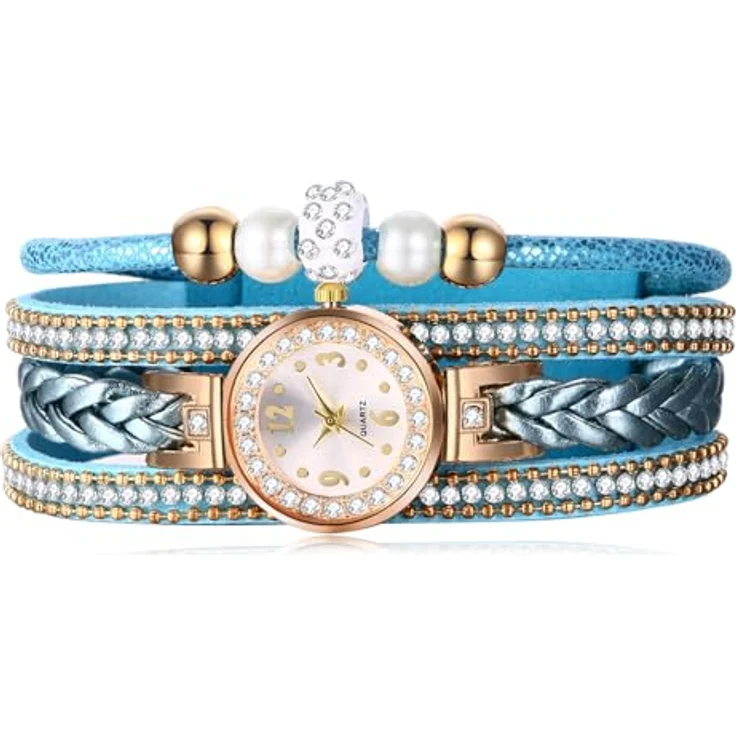 JewelryWe Vintage Damen Armbanduhr, Analog Quarz mit blauem Glitzer Strass, geflochtenem Lederarmband und Kugel Perlenarmband, 10m wasserdicht – Bild 1