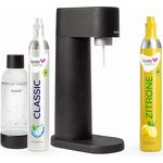 SodaTASTE Sparpaket: Mysoda Woody - Wassersprudler aus erneuerbarem Holzkomposit mit 1L BPA-freier Plastikflasche, CO2-Zylinder Classic + CO2-Zylinder Zitrone (Schwarz)