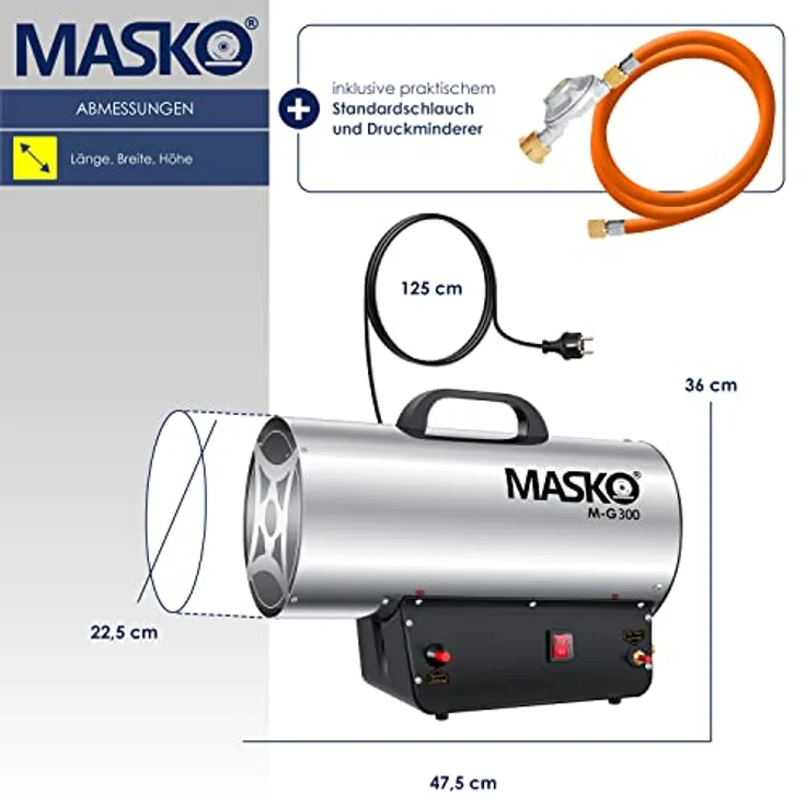 MASKO Gasheizgebläse Gasheizer Heizkanone Gasheizstrahler Bauheizer Gas Heizgerät heizstrahler Heißluftgenerator inkl. Gasschlauch & Druckminderer Heizgebläse für handelsübliche Gasflaschen Silber, 30 kW,  – Bild 6