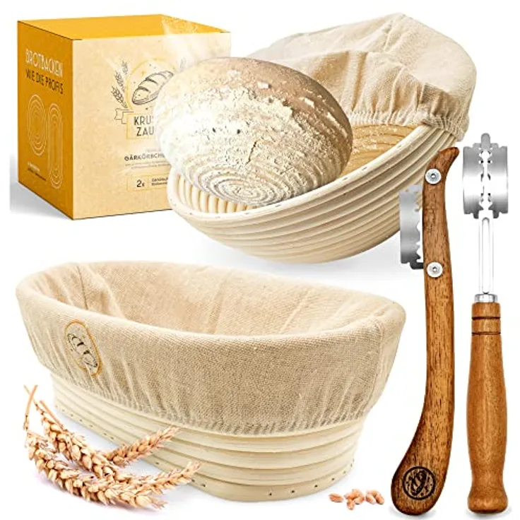 KRUSTENZAUBER Gärkorb + Bäckermesser - Set aus 2x Gärkörbchen u. 2x Teigmesser - Brot Backen Zubehör, Rattan, inkl. 20 Klingen