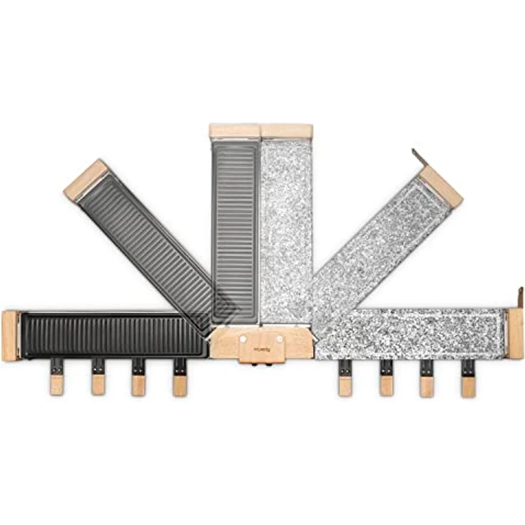 H.Koenig Raclette-Gerät für 8 Personen, WOD360, Granitstein und Naturholz, 180° drehbar, abnehmbare Platten, 1400 W, inkl. 8 Pfannen und 8 Pfannenwender aus Holz – Bild 2