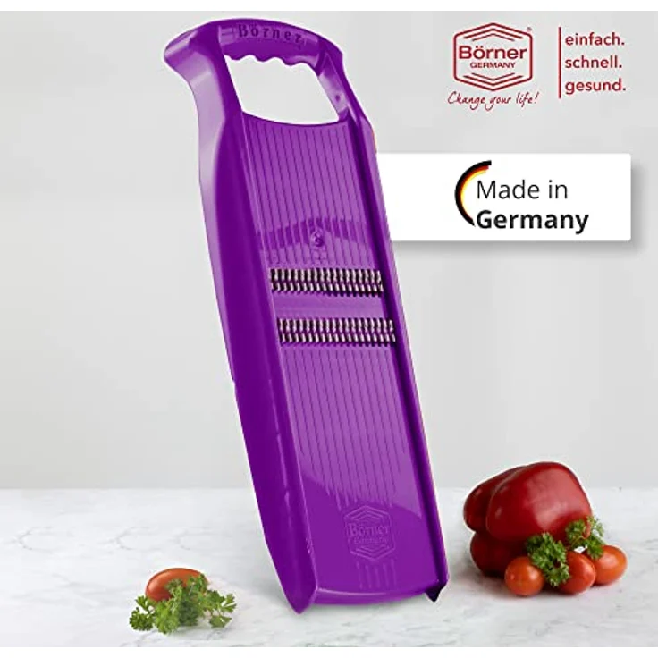 Börner Roko PowerLine Gemüseschneider • Streifenschneider für Obst & Gemüse • Julienne Schneider für feine Streifen • Gemüsehobel fein • Küchenhobel (Violett) – Bild 2