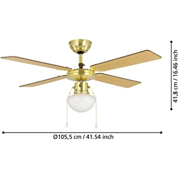 EGLO Deckenventilator Fortaleza, 4 Flügel Ventilator mit Zugkette, Beleuchtung, Sommer-Winter Betrieb, Holz, brünierter Stahl und weißem Glas, 106,6 cm – Bild 5