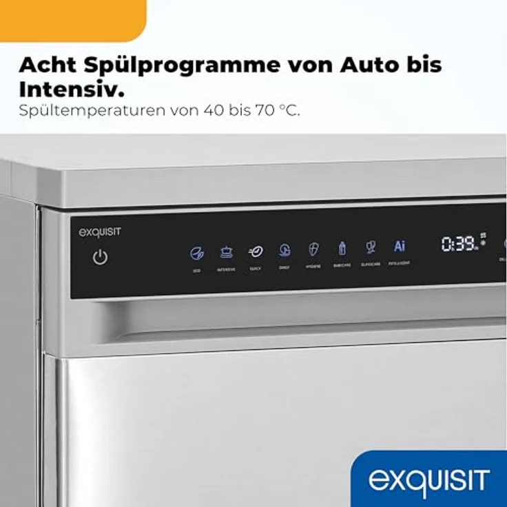 Exquisit GSP9616-450B, Stand-/Unterbau-Geschirrspüler mit 16 Maßgedecken, Energieklasse B, 45 dB, 8 Programme, Besteckschublade, Halbe Beladung, inox – Bild 6