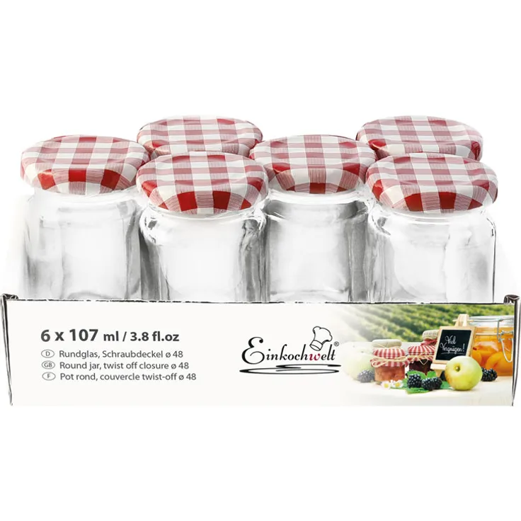 Einkochwelt 6er Tray 107 ml Glas rund TO48 Caps dunkelrot-weiß kariert
