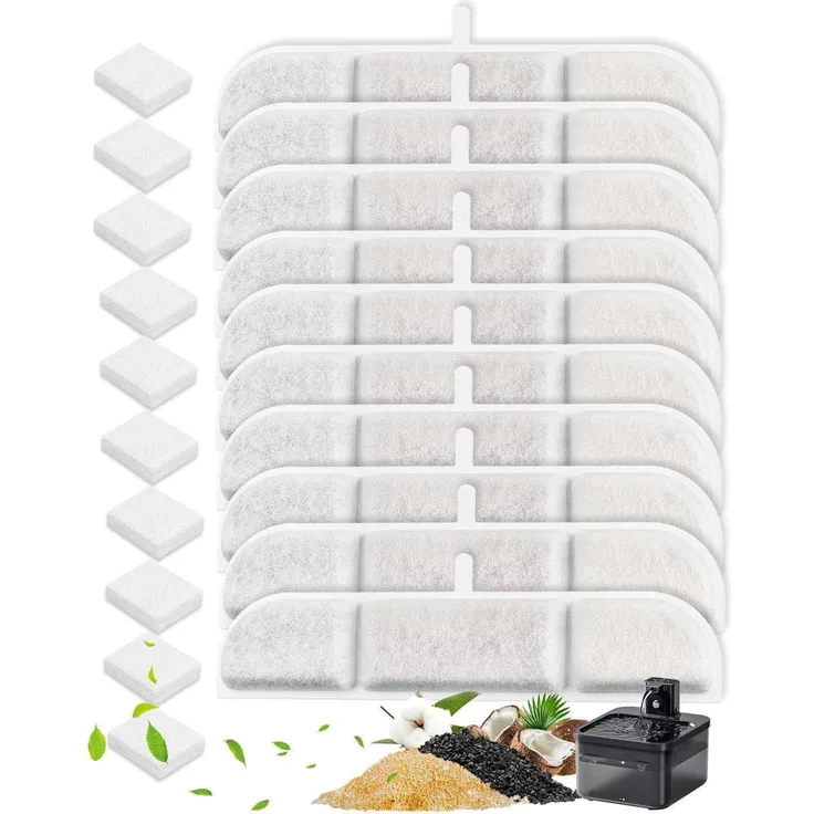 DownyPaws Katzenbrunnen Filter Set, 10 Hauptfilter + 10 Schwammfilter für 2.5L Trinkbrunnen DPWFP6, verbesserte Mehrschicht-Filtration für sauberes Wasser