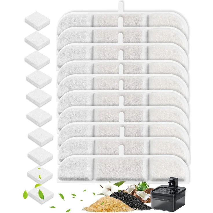 DownyPaws Katzenbrunnen Filter Set, 10 Hauptfilter + 10 Schwammfilter für 2.5L Trinkbrunnen DPWFP6, verbesserte Mehrschicht-Filtration für sauberes Wasser