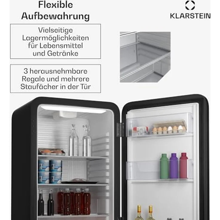 Klarstein Audrey Evo 90L Retro Mini Kühlschrank, 40 dB, kompakt mit verstellbaren Füßen und Wendetür, schwarz – Bild 5