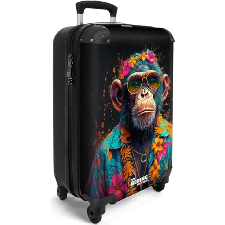 NoBoringSuitcases.com© Hartschalen-Trolley Schimpanse mit Hawaii-Bluse 55x35x20cm, 4 Rollen, Reisetasche mit Rollen, Koffer Handgepäck Flugzeug, Fröhlich buntes Motiv, Leichtgewicht, UV-beständiger Druck – Bild 2