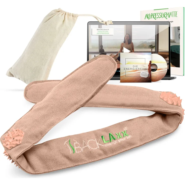 BACKLAxx® Massagegerät Akupressur Stirnband, Kopfband, Kopfmassagegerät mit Tasche zur Kopfmassage, Intensitätsregulierung durch Klettverschluss, Umweltfreundliches Halbleinen, extra intensiv, blau