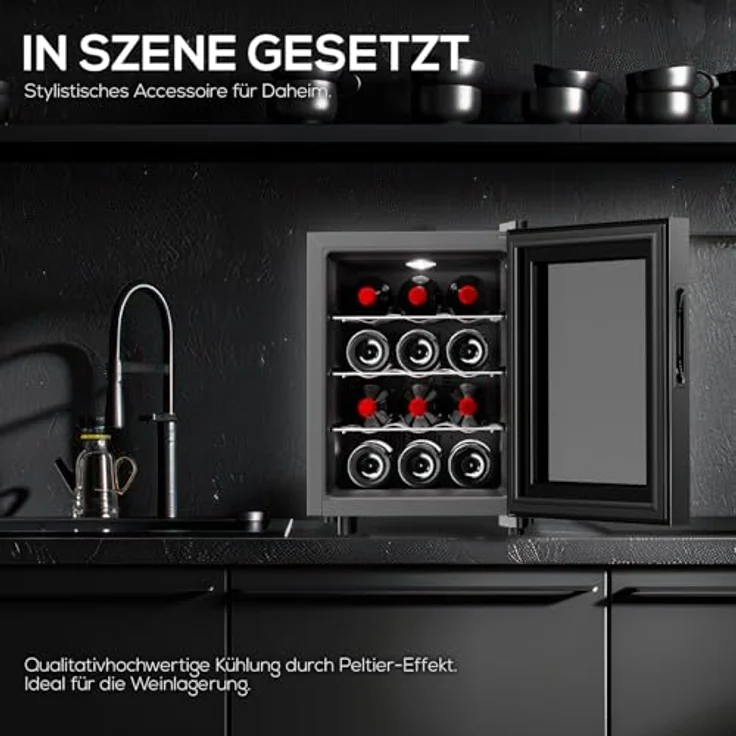 Tronitechnik® Weinkühlschrank Bordeaux, freistehender Mini-Kühlschrank mit 31 Litern, für 12 Flaschen, inklusive LED Licht und herausziehbaren Einschüben, präzise Temperatursteuerung von 5 bis 18°C – Bild 4