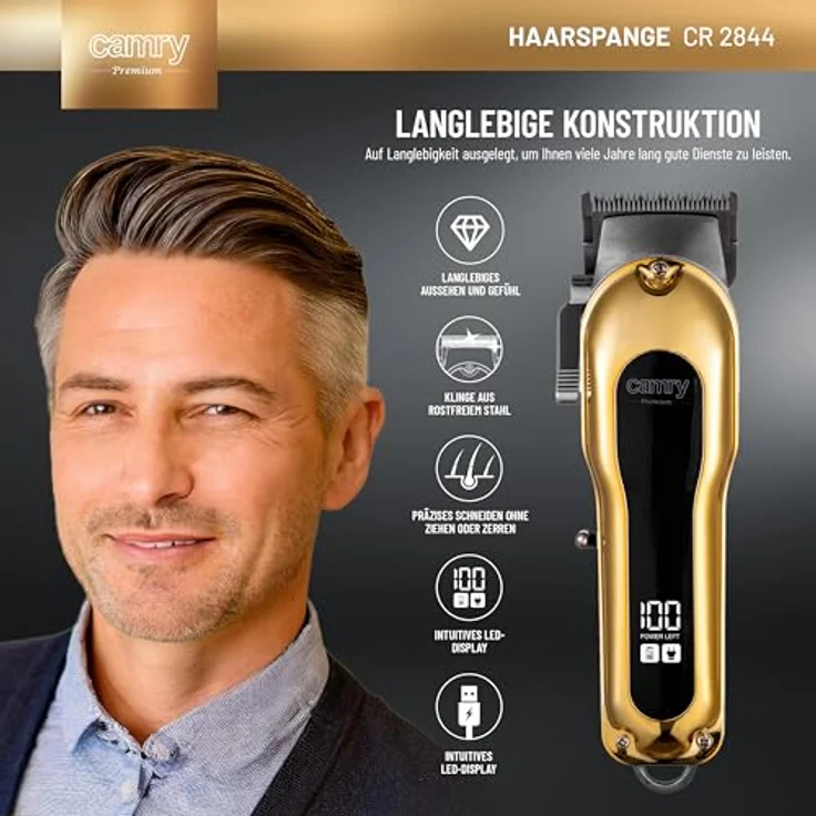 Camry Haarschneidemaschine Profi, kabelloser Haarschneider mit LED-Display, 4 Aufsätzen (3, 6, 10, 13 mm), einstellbare Schnitthöhe 0,8-2,0 mm, Edelstahlklinge, USB-Ladung, 200 Min. Laufzeit – Bild 4