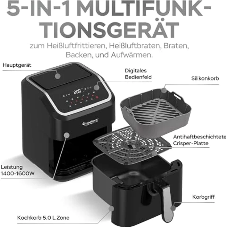 TurboTronic by Z-Line Heißluftfritteuse 5 Liter XXL Fritteuse Fettfrei bis 200°C, 1600W, 10 Programme, digital, schwarz – Bild 3