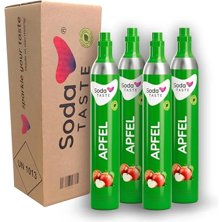 SodaTASTE CO2-Zylinder tauschen 4er-Pack (Refill) für Wassersprudler, mit natürlichem Apfel-Aroma, zuckerfrei, für bis zu 240l Sprudelwasser mit Geschmack – Bild 1