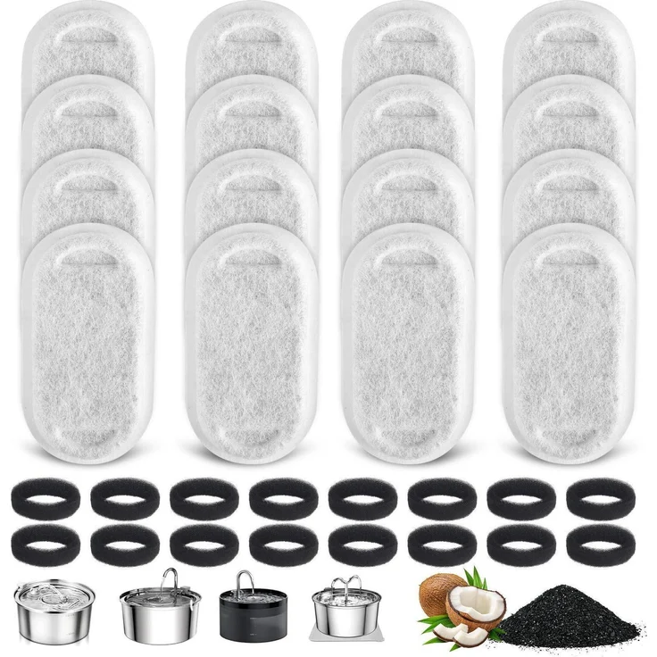 Katzenbrunnen Filter Set 32tlg., 16 Kohlefilter & 16 Schaumfilter, für 2-4L Edelstahlbrunnen, BPA-frei, Dreifachfiltration, 7,6x4,3cm