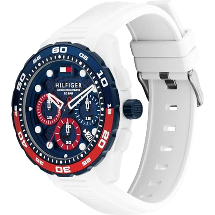 Tommy Hilfiger Chronographen-Quarzuhr mit Kalender für Herren, 44mm Gehäuse mit weißem Silikonarmband und blauer Zifferblatt, 10 ATM wasserdicht, Modell 1792231 – Bild 2