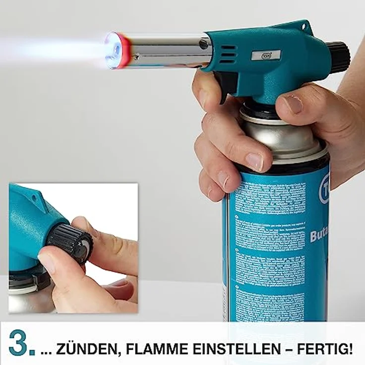 TOM GB-227 Lötbrenner, Flambierbrenner Set mit 1300°C Flammentemperatur, Piezozündung, optional 4x 224g Gaskartuschen – Bild 8