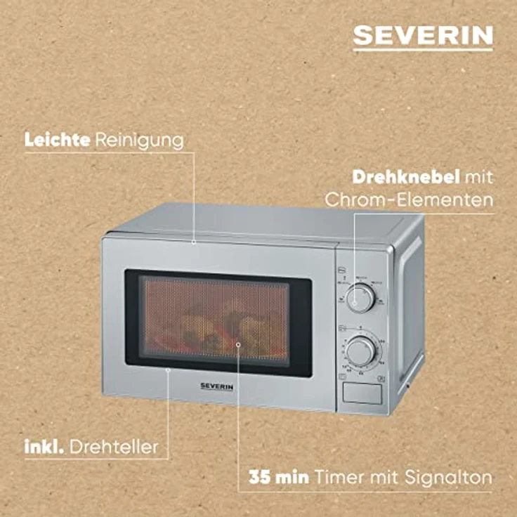 Severin MW 7899 Mikrowelle, Standgerät, Garraum 20L, 700W, 5 Leistungsstufen, Auftauprogramm, Timer, silber – Bild 4
