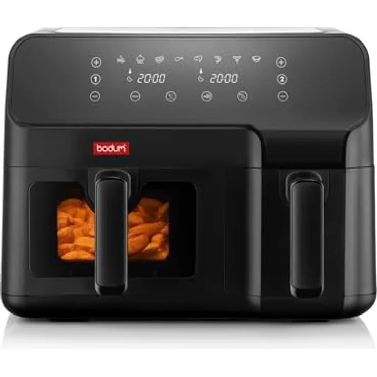 Bodum MELIOR Air Fryer L, 2 compartment 5.1 L & 3.2 L, 2700 W, Hot Air technology, Digital control panel, Dishwasher-safe, Black and Silver