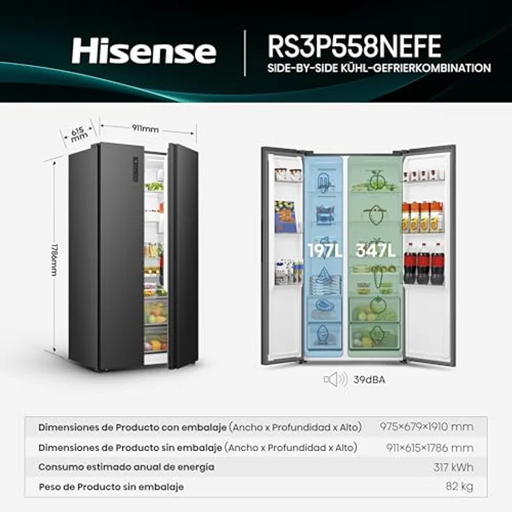 Hisense Freistehend Side-by-Side-Kühlschrank 544 l, Amerikanische Tür, Schwarz, 2 Tür(en), LED-Beleuchtung, Touch-Control – Bild 2
