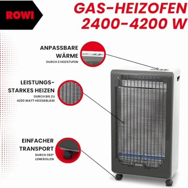 ROWI Gasheizofen Blue Flame 4200 W mit Sauerstoffmangelsicherung, mobiler Heizstrahler mit zwei Heizstufen – Bild 3
