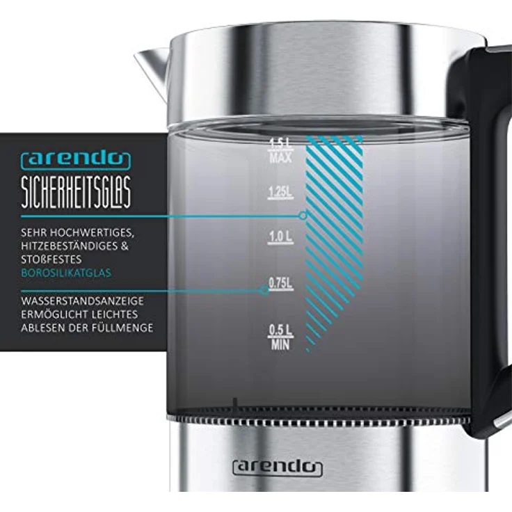 Arendo Rauchglas Glas-Wasserkocher mit Temperatureinstellung, 2200W, 1,5L, Edelstahl, Warmhaltefunktion – Bild 5
