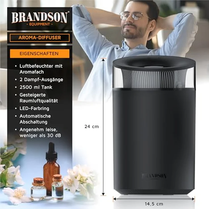 Arendo Luftbefeuchter 2,5 Liter leise - 7 LED Farben Stimmungslicht - 2 schaltbare Dampfausgänge - integriertes Aromaöl Fläschchen - 20m² Wohnzimmer Schlafzimmer Kinderzimmer - Schwarz – Bild 2