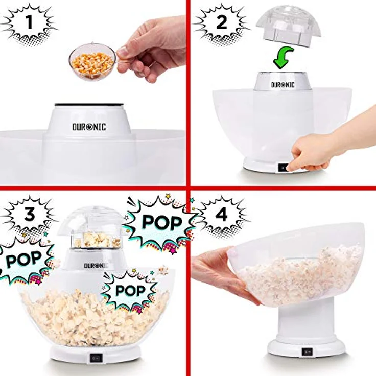 Duronic POP50 WE Popcornmaschine | Heißluft ohne Fett & Öl | 1200 Watt | inkl. Messbecher | für 50 Gramm Mais | abnehmbare Schüssel | Ölfreies Popcorn | Kalorienarm | Weiß – Bild 2