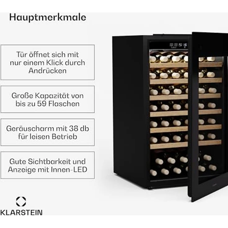 Klarstein Rhone 59 Uno Weinkühlschrank - 59 Flaschen, 1 Zone, 5-20 °C, LED-Steuerung, UV-Schutz, Leiser Betrieb, Schwarz – Bild 2