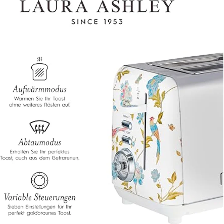 VQ Laura Ashley 2-Scheiben-Toaster, Edelstahl Vintage-Toaster in Elveden Weiß mit einstellbaren Heiz-, Auftau- und Aufwärmmodi sowie Aufsatz zum Erwärmen von Croissants – Bild 5