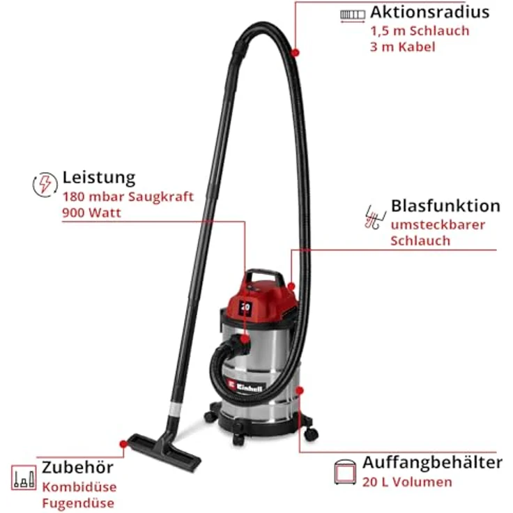Einhell TC-VC 3055 SA, Nass-Trockensauger mit 900 W, 30 l Edelstahlbehälter und automatischer Gerätesteckdose – Bild 3