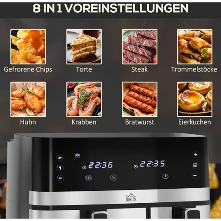HOMCOM Heißluftfritteuse 8,5L, Doppelkammer, 8 in 1 Rezeptur, Touchscreen, Smart und Timer-Funktion, ohne Öl, Schwarz – Bild 4