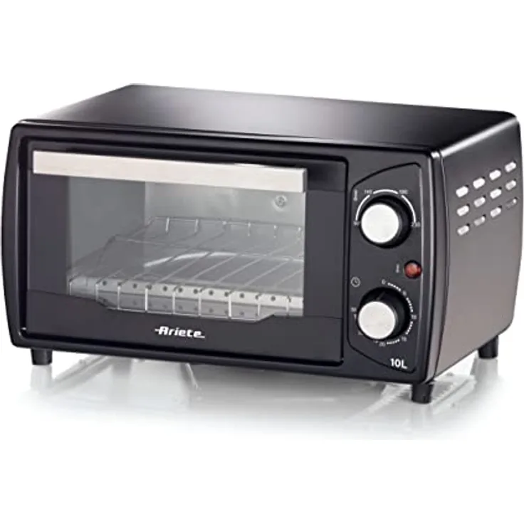 Ariete Elektrobackofen 3920, 1000W, 10L Fassungsvermögen, Timer 30 Minuten, Max. Temperatur 230°C, Doppelglas, Rost aus Edelstahl, Schwarz