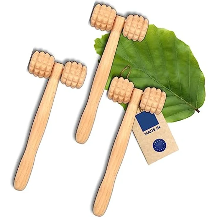 Hofmeister Holzwaren 3x Massage-Gerät aus Buchen-Holz, gegen Verspannungen & Schmerzen, Wellness & Entspannung für Rücken & Nacken, Naturprodukt, Rücken-Massage-Roller, 23 cm